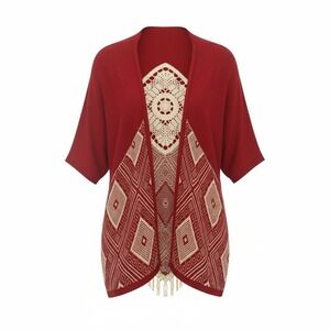 Umgee Dreamcatcher Red Knit Boho Festival Cardigan Crochet Lace Fringe Hem M/L
